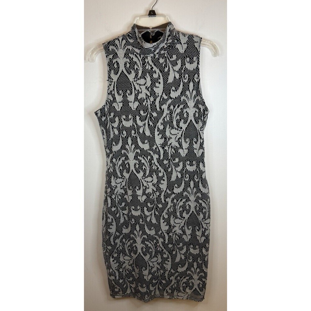 NEIMAN MARCUS Damask Black White Lace Overlay Mock Neck Sleeveless Dress 6 Party